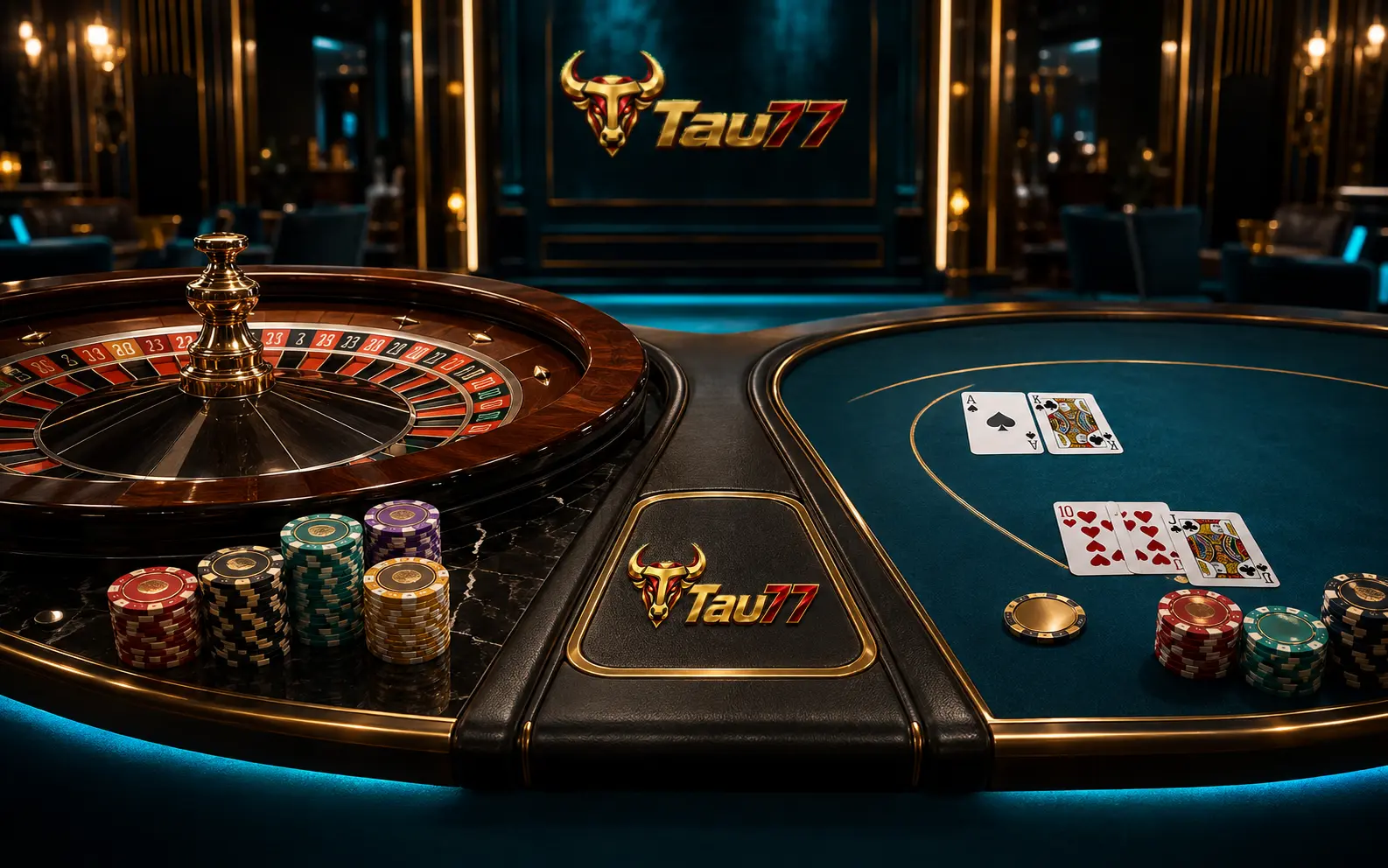 Ruleta y cartas en mesa premium